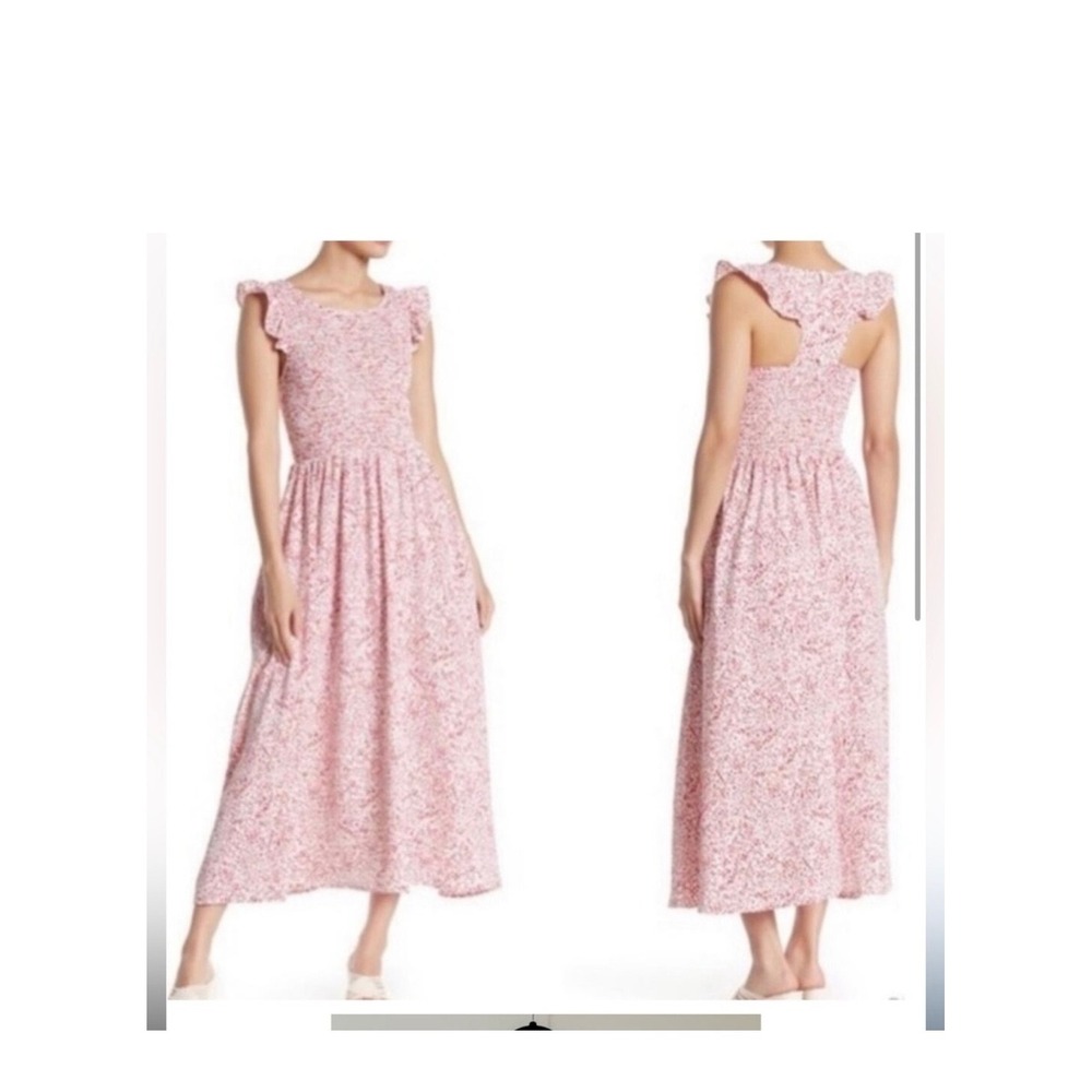 Melloday Pink Red Dot Smocked Maxi Dress Ruffle Sleeve Size M‎